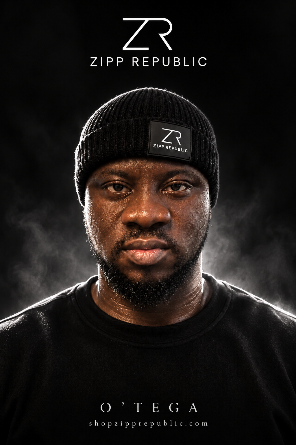 AI-created campaign portrait of O’TEGA wearing a branded black beanie